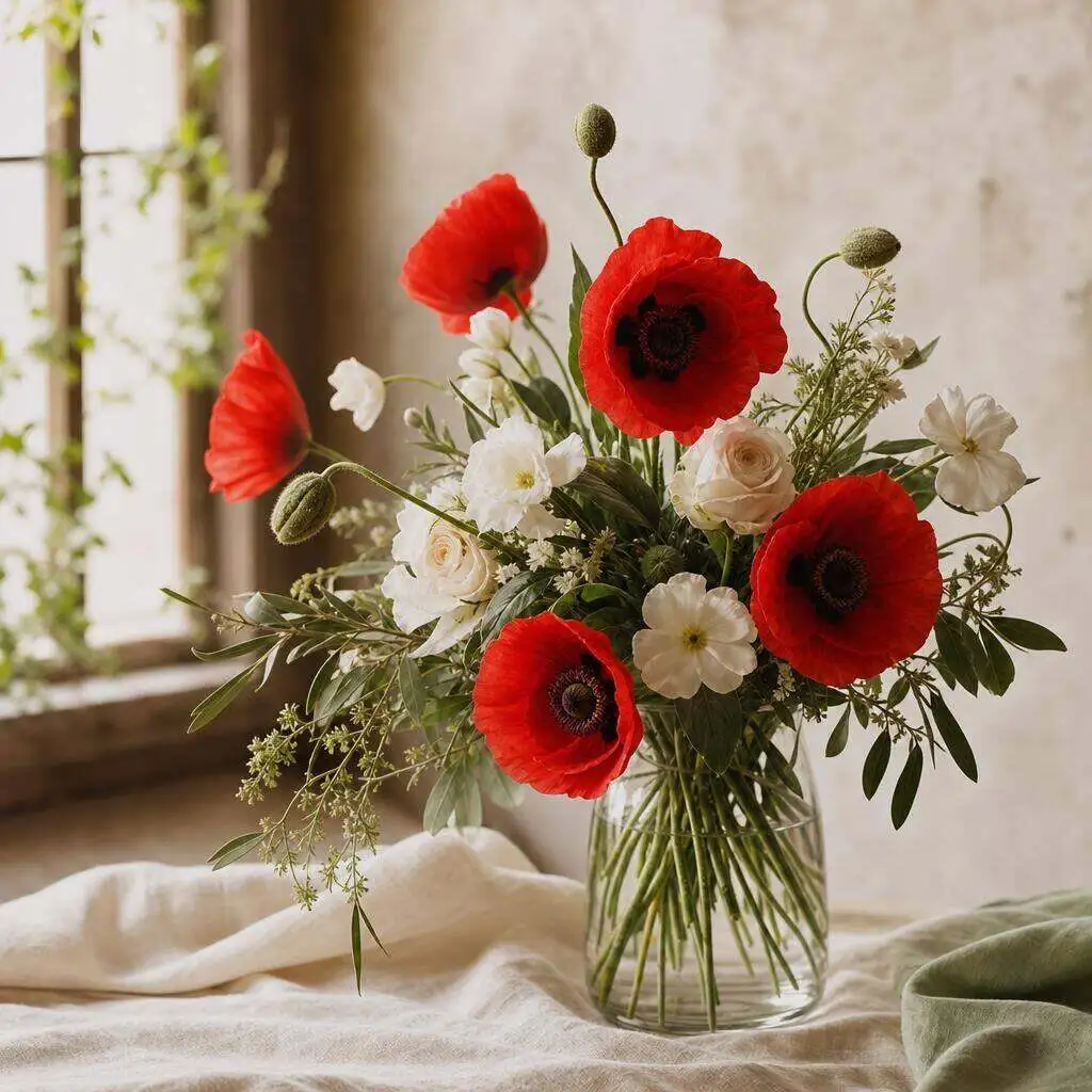 Red poppy remembrance arrangement in a glass vase on linen