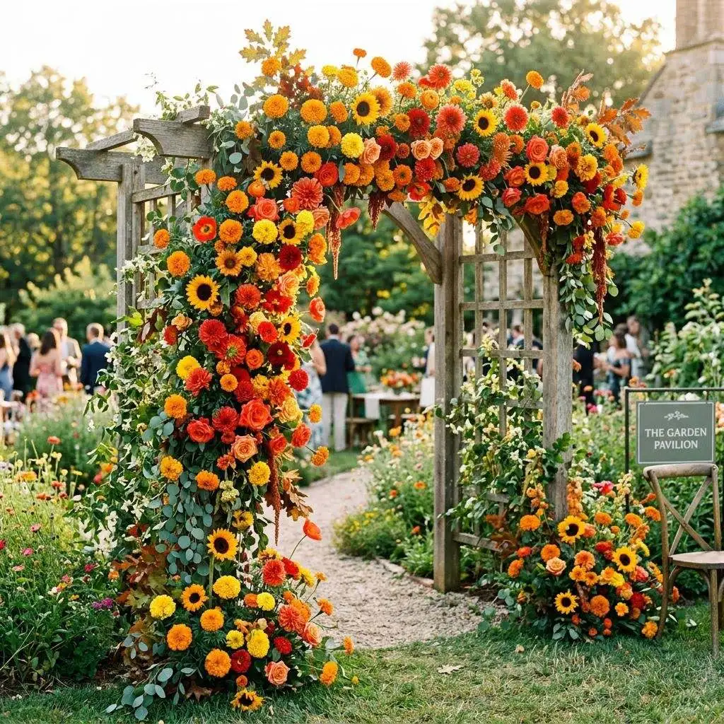Vibrant outdoor trellis installation covered in orange, yellow, and red dahlias and sunflowers
