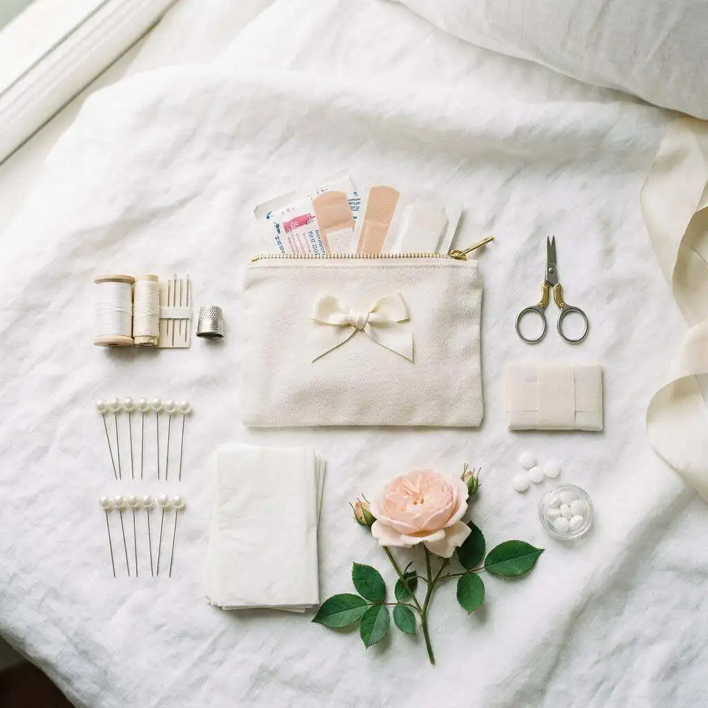 Wedding day emergency kit supplies neatly organized