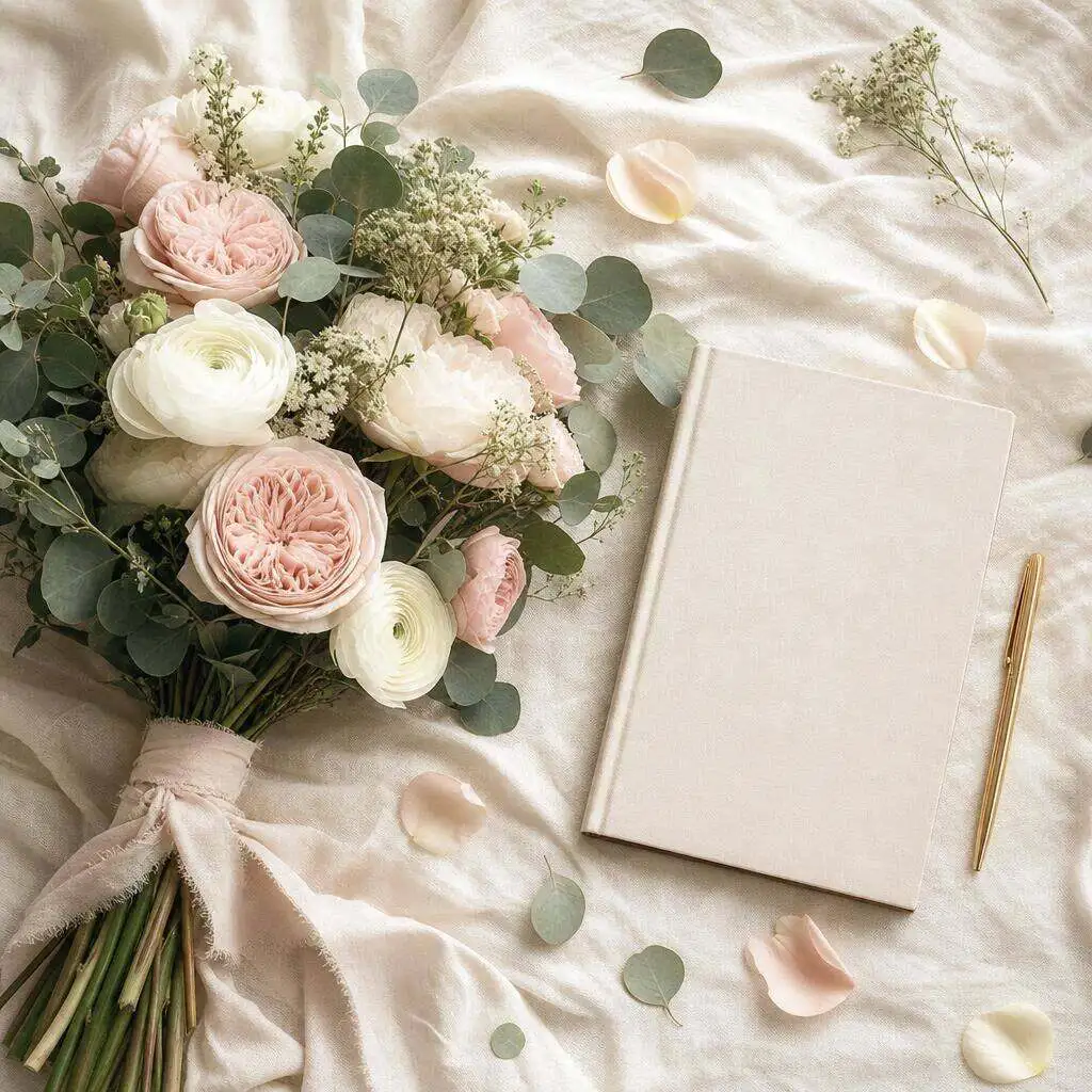 The Michigan Wedding Flower Planning Guide — flat-lay with bridal bouquet and planning notebook