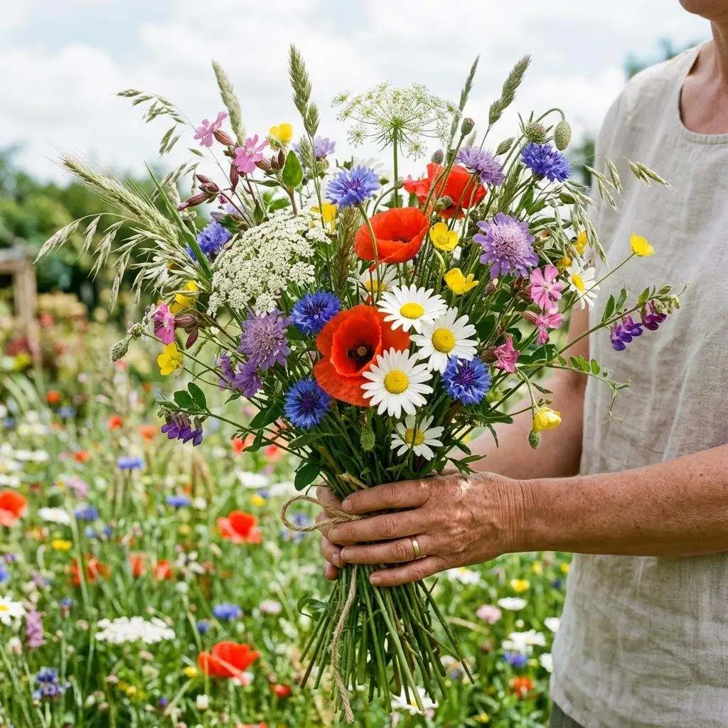 Natural wildflower meadow bouquet with mixed colorful garden blooms